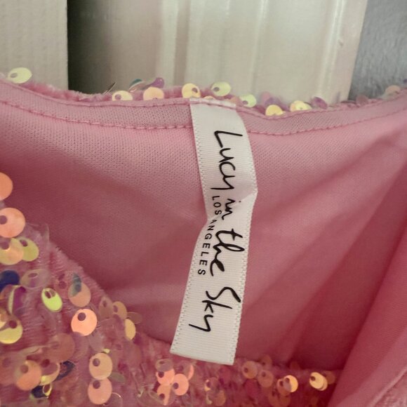 Lucy in the Sky Pink Sequin Mini Dress | Size L | Cowl Neck | Party Dress - Picture 3 of 4